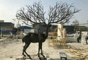 麋鹿雕塑厂家，仿古动物摆件，仿铜色玻璃钢麋鹿雕塑厂